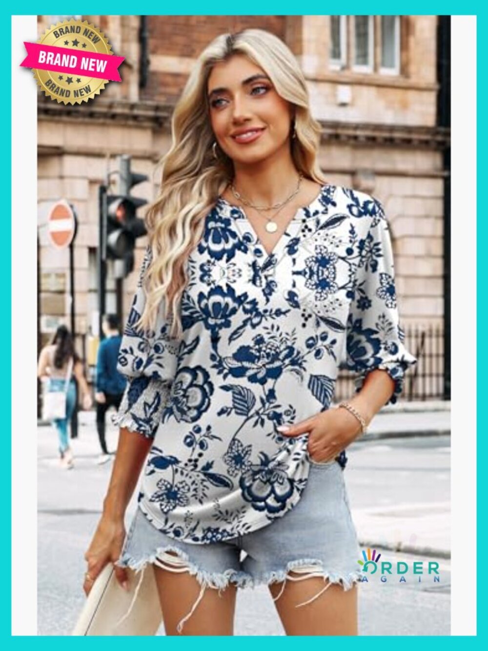 3/4 Sleeve Blouse V Neck Puff Sleeve Boho Top Dressy Casual Summer Spring Work - Picture 3 of 7